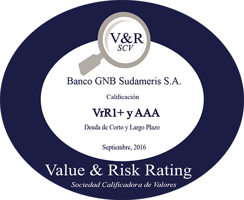 Banco GNB Sudameris Calficación Triple A y V1R1+ en Deuda de Largo Plazo y Corto Plazo, Value & Risk Rating Sociedad Calificadora de Valores