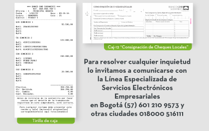 Para resolver cualquier inquietud lo invitamos a comunicarse con la Línea Especializada de Servicios Electrónicos Empresariales en Bogotá (57) 601 210 9573 y otras ciudades 018000 516111