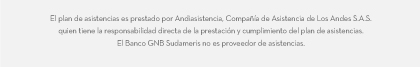El plan de asistencias es prestado por Andiasistencia, Compañía de Asistencia de Los Andes S.A.S. quien tiene la responsabilidad directa de la prestación y cumplimiento del plan de asistencias. El Banco GNB Sudameris no es proveedor de asistencias.