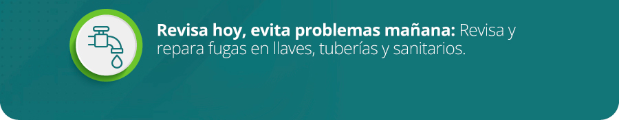 Revisa hoy, evita problemas mañana: Revisa y repara fugas en llaves, tuberías y sanitarios.