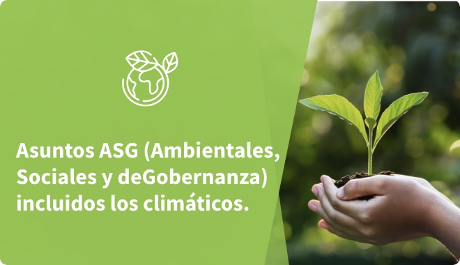 Asuntos ASG (Ambientales, Sociales y de Gobierno) incluidos los climáticos.