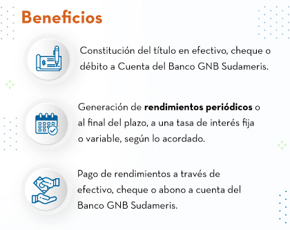 Beneﬁcios: Constitución del título en efectivo, cheque o débito a Cuenta del Banco GNB Sudameris. - Generación de rendimientos periódicos o al final del plazo, a una tasa de interés fija o variable, según lo acordado. - Pago de rendimientos a través de efectivo, cheque o abono a cuenta del Banco GNB Sudameris.