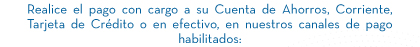 Realice el pago con cargo a su Cuenta de Ahorros, Corriente, Tarjeta de Crédito o en efectivo, en nuestros canales de pago habilitados: