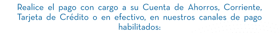 Realice el pago con cargo a su Cuenta de Ahorros, Corriente, Tarjeta de Crédito o en efectivo, en nuestros canales de pago habilitados: