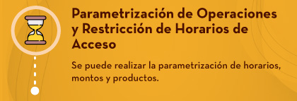 Parametrización de Operaciones y Restricción de Horarios de Acceso: Se puede realizar la parametrización de horarios, montos y productos.