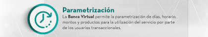 Parametrización: La Banca Virtual permite la parametrización de días, horario, montos y productos para la utilización del servicio por parte de los usuarios transaccionales.