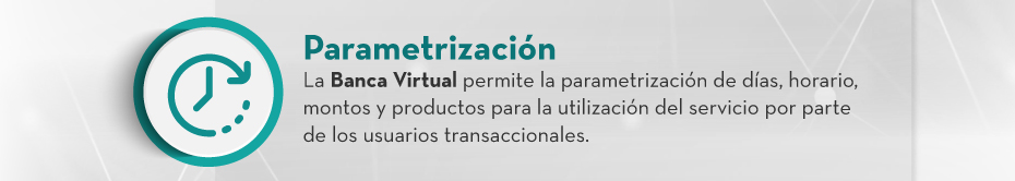 Parametrización: La Banca Virtual permite la parametrización de días, horario, montos y productos para la utilización del servicio por parte de los usuarios transaccionales.