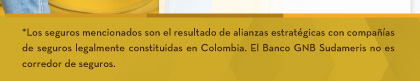 *Los seguros mencionados son el resultado de alianzas estratégicas con compañías de seguros legalmente constituidas en Colombia. El Banco GNB Sudameris no es corredor de seguros.