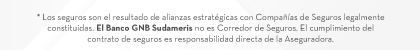 * Los seguros son el resultado de alianzas estratégicas con Compañías de Seguros legalmente constituidas. El Banco GNB Sudameris no es Corredor de Seguros. El cumplimiento del contrato de seguros es responsabilidad directa de la Aseguradora.