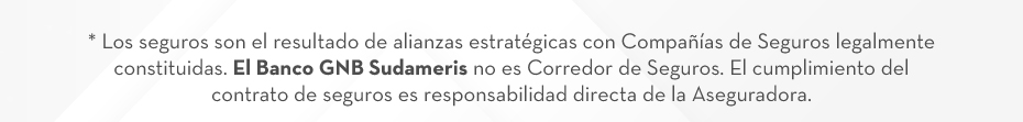 * Los seguros son el resultado de alianzas estratégicas con Compañías de Seguros legalmente constituidas. El Banco GNB Sudameris no es Corredor de Seguros. El cumplimiento del contrato de seguros es responsabilidad directa de la Aseguradora.