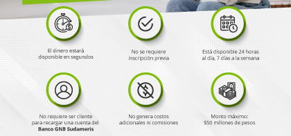 1. El dinero estará disponible en segundos | 2. No se requiere inscripción previa | 3. Está disponible 24 horas al día, 7 días a la semana | 4. No requiere ser cliente para recargar una cuenta del Banco GNB Sudameris | 5. No genera costos adicionales ni comisiones | 6. Monto máximo: $50 millones de pesos