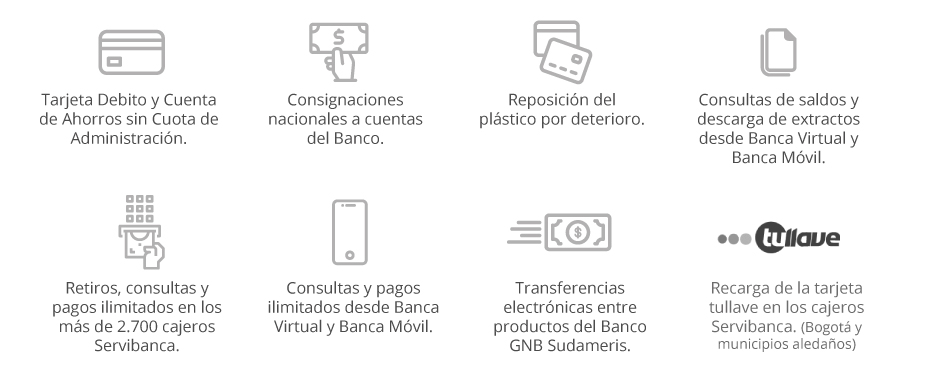 Tarjeta Debito y Cuenta de Ahorros sin Cuota de Administración. - Consignaciones nacionales a cuentas del Banco. - Reposición del plástico por deterioro - Consultas de saldos y descarga de extractos desde Banca Virtual y Banca Móvil.