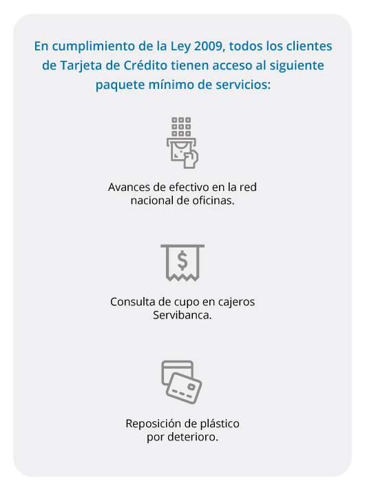 En cumplimiento de la Ley 2009, todos los clientes de Tarjeta de Crédito tienen acceso al siguiente paquete mínimo de servicios: