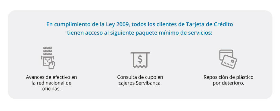 En cumplimiento de la Ley 2009, todos los clientes de Tarjeta de Crédito tienen acceso al siguiente paquete mínimo de servicios: