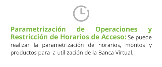 Parametrización de Operaciones y Restricción de Horarios de Acceso: Se puede realizar la parametrización de horarios, montos y productos para la utilización de la Banca Virtual.