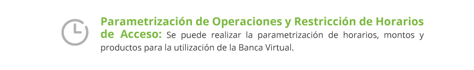 Parametrización de Operaciones y Restricción de Horarios de Acceso: Se puede realizar la parametrización de horarios, montos y productos para la utilización de la Banca Virtual.