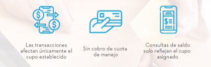 1. Las transacciones afectan únicamente el cupo establecido | 2. Sin cobro de cuota de manejo | 3. Consultas de saldo solo reflejan el cupo asignado