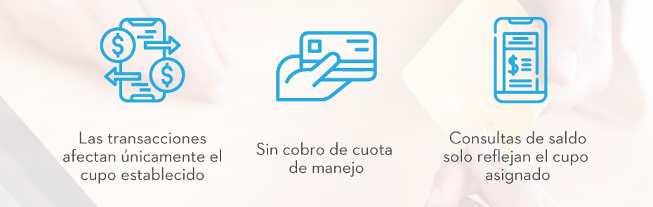 1. Las transacciones afectan únicamente el cupo establecido | 2. Sin cobro de cuota de manejo | 3. Consultas de saldo solo reflejan el cupo asignado