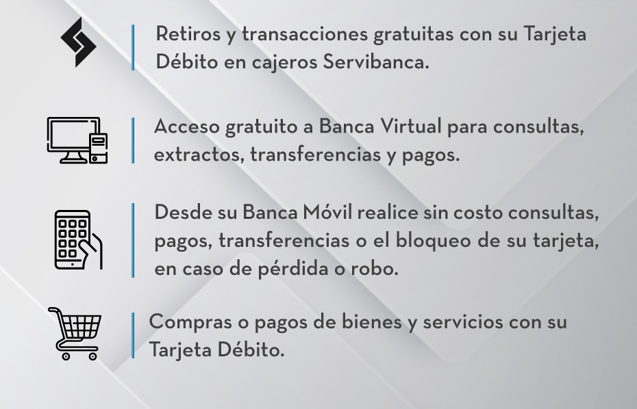 Retiros y transacciones gratuitas con su Tarjeta Débito en cajeros Servibanca, Acceso gratuito a Banca Virtual para consultas, extractos, transferencias y pagos, Desde su Banca Móvil realice sin costo consultas, pagos, transferencias o el bloqueo de su tarjeta, en caso de pérdida o robo, Compras o pagos de bienes y servicios con su Tarjeta Débito.