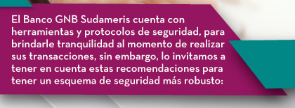 El Banco GNB Sudameris cuenta con herramientas y protocolos de seguridad, para brindarle tranquilidad al momento de realizar sus transacciones, sin embargo, lo invitamos a tener en cuenta estas recomendaciones para tener un esquema de seguridad más robusto: