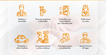 1. Médico a domicilio -- 2. Toma de muestras a domicilio -- 3. Consultas con especialistas por videollamada -- 4. Enfermera en casa -- 5. Traslados a citas médicas -- 6. Acompañamiento a citas médicas -- 7. Mensajería para encomiendas -- 8. Apoyo técnico al hogar