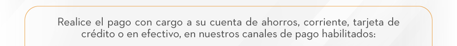 Realice el pago con cargo a su cuenta de ahorros, corriente, tarjeta de crédito o en efectivo, en nuestros canales de pago habilitados: