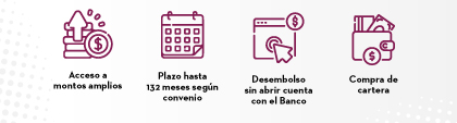 Acceso a montos amplios | Plazo hasta 132 meses según convenio | Desembolso sin abrir cuenta con el Banco | Compra de cartera