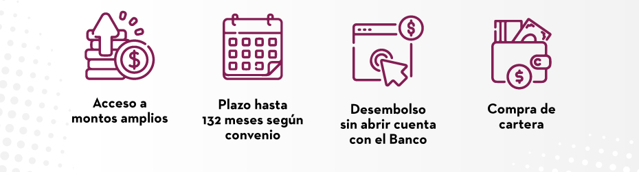 Acceso a montos amplios | Plazo hasta 132 meses según convenio | Desembolso sin abrir cuenta con el Banco | Compra de cartera
