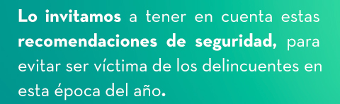 Lo invitamos a tener en cuenta estas recomendaciones de seguridad, para evitar ser víctima de los delincuentes en esta época del año.