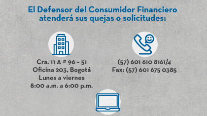 El Defensor del Consumidor Financiero atenderá sus quejas o solicitudes: