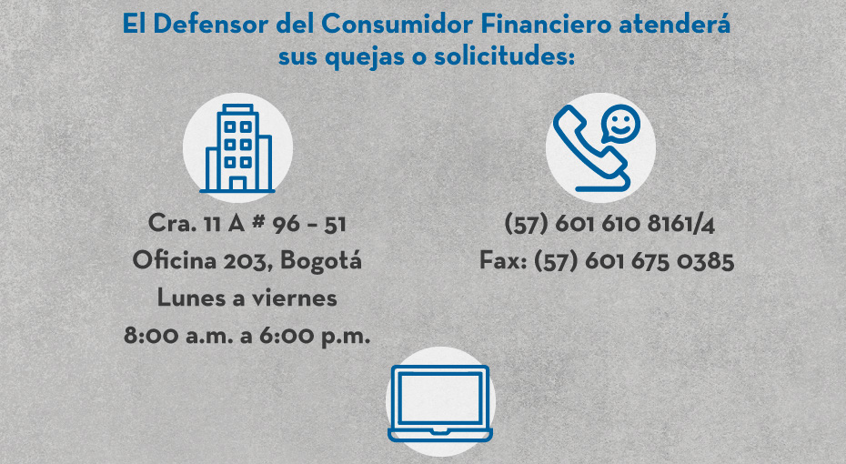 El Defensor del Consumidor Financiero atenderá sus quejas o solicitudes: