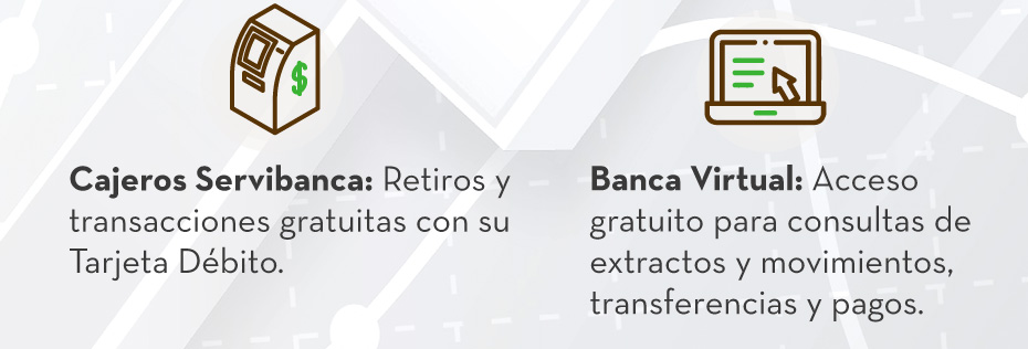 Cajeros Servibanca: Retiros y transacciones gratuitas con su Tarjeta Débito.
                                        Banca Virtual: Acceso gratuito para consultas de extractos y movimientos, transferencias y pagos.