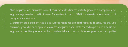 *Los seguros mencionados son el resultado de alianzas estratégicas con compañías de seguros legalmente constituidas en Colombia. El Banco GNB Sudameris no es corredor ni compañía de seguros.
                                    El cumplimiento del contrato de seguro es responsabilidad directa de la aseguradora. Los términos y condiciones aplicables a estos seguros están determinados por la compañía de seguros respectiva y se encuentran contendidos en las condiciones generales de la póliza. title=