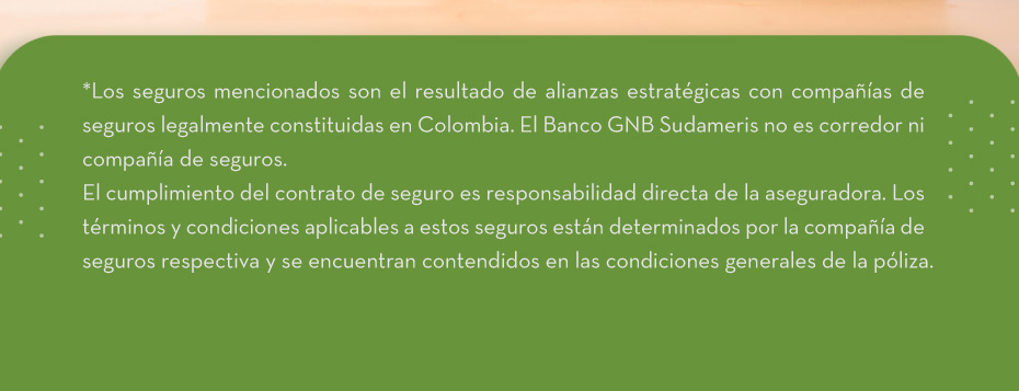*Los seguros mencionados son el resultado de alianzas estratégicas con compañías de seguros legalmente constituidas en Colombia. El Banco GNB Sudameris no es corredor ni compañía de seguros.
                                    El cumplimiento del contrato de seguro es responsabilidad directa de la aseguradora. Los términos y condiciones aplicables a estos seguros están determinados por la compañía de seguros respectiva y se encuentran contendidos en las condiciones generales de la póliza. title=