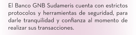 El Banco GNB Sudameris cuenta con estrictos protocolos y herramientas de seguridad, para darle tranquilidad y confianza al momento de realizar sus transacciones.