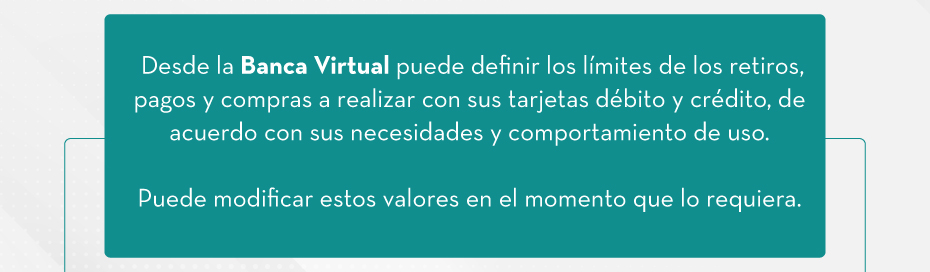 Desde la Banca Virtual puede definir los límites de los retiros, pagos y compras a realizar con sus tarjetas débito y crédito, de acuerdo con sus necesidades y comportamiento de uso. Puede modificar estos valores en el momento que lo requiera.