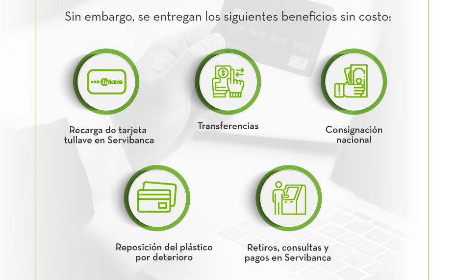 Sin embargo, se entregan los siguientes beneficios sin costo: 1. Recarga de tarjeta tullave en Servibanca | 2. Transferencias | 3. Consignación nacional | 4. Reposición del plástico por deterioro | 5. Retiros, consultas y pagos en Servibanca